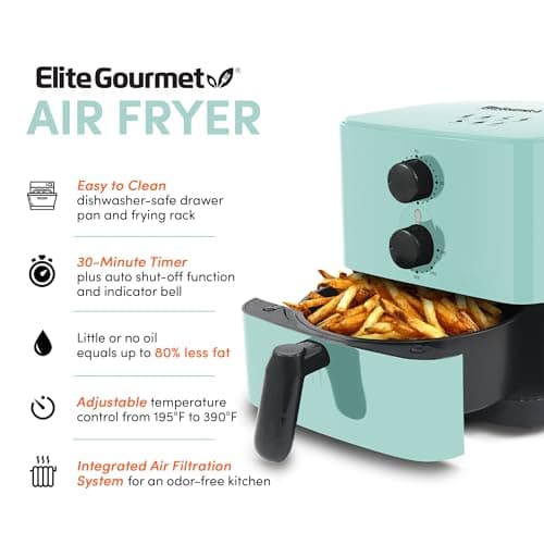 Elite Gourmet EAF-3218BL Personal 1.1Qt Compact Space Saving Electric Hot Air Fryer Oil-Less Healthy Cooker, Timer & Temperature Controls, PFOA Free, Mint