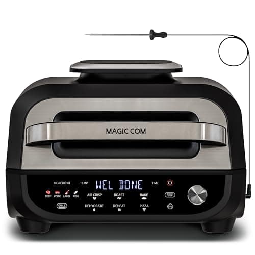 MAGiC COM Indoor Grill and Air Fryer, 7-in-1 Electric Grill with Steak, Roast, Air Crisp, Bake, Dehydrate, Pizza and Reheat. Smart Thermometer, Non-Stick, Dishwasher Safe/Black