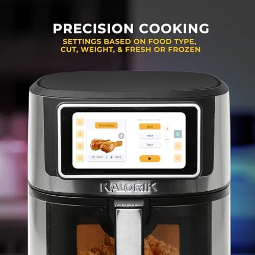 Kalorik Air Fryer VIVID TOUCH Series 7 Quart Capacity with High-Resolution Touchscreen 200 Cooking Presets in 12 Food Categories with View Window, 1500-Watts, Stainless Steel
