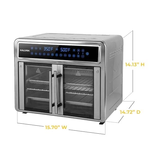 Kalorik Air Fryer Oven MAXX Series 26-Quart Flex Trio with Digital Controls Easy-View Door and 14 Cooking Presets, Converts into Dual 13 Quart Air Fryers, 1700-Watts, Stainless Steel