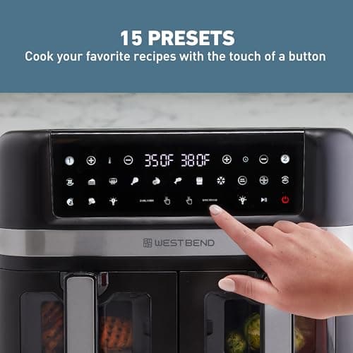 West Bend Air Fryer Dual Basket 10-Quart Capacity with Digital Controls View Windows and 15 Cooking Presets, Nonstick Frying Baskets, Dual Zone Features, 1600-Watts, Black