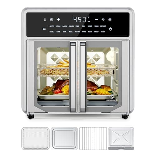 Air Fryer French Door Oven,15.8 Qt Toaster Oven Countertop Combo,18 Presets & 1 Preheat & Light, Airfryer Basket,Wire Rack,Baking Pan,Crumb Tray,Compact Design,Stainless Steel,Small