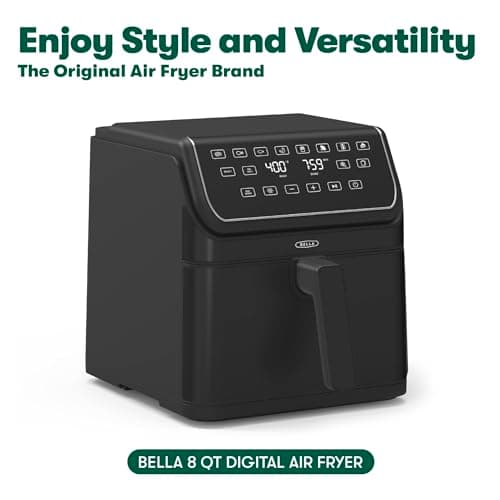 bella 8 Qt Digital Air Fryer with TurboCrisp Technology, Large Family Size Nonstick Cooking Basket and Crisping Tray, Multiple Preset Functions, Auto Shutoff, Black, 1750 Watt