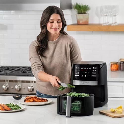 Gourmias 6-Qt Digital Window Air Fryer, 12 Presets, Guided Cooking, Touch Control, Stainless Steel, Nonstick Basket, Oil-Free Frying, 1500W, Auto Shutoff, Dehydrator Function, Family Size,