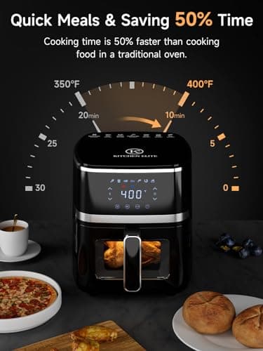 Kitchen Elite® Air Fryer Oven 5.28 Qt, 7-in-1 Digital Display Compact Cooker with Easy View Window, Space-saving, Nonstick and Dishwasher Safe Basket, Black