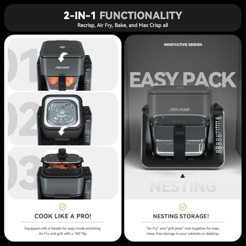 4.2 QT+1.3 QT Small Air Fryer non toxic, 2-in-1 Glass Air Fryer & Grill Pan Combo for kitchen, 7 Presets, 105-450℉, Portable Healthy Cooking, Non-Stick, Multi-Function for Frying, Griddle & Baking