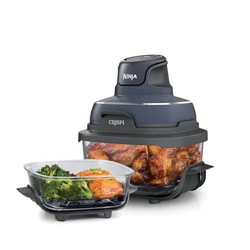 Ninja Crispi 4-in-1 Portable Glass Air Fryer Cooking System, 4QT & 6 Cup Glass Containers with Storage Lids, Easy Meals, Microwave, Freezer & Dishwasher Safe, Air Fry, Bake & More, Cyberspace, FN101GY