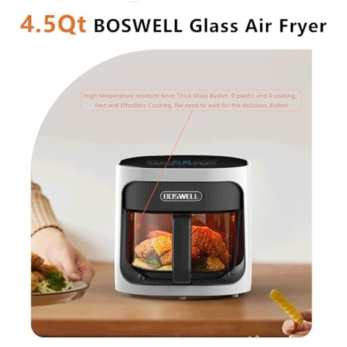 BOSWELL 4.5QT Glass Air Fryer, 6-in-1 Air Fryer with Transparent Fry Bowl, Circulating Air Heating, Bake, Broil, Air Fry, Temperature Control, Dishwasher Safe (White)