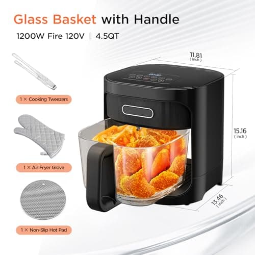 4.5QT Glass Air Fryer,1200W Multiple Air Fryer with Viewing Glass Pot,Nonstick & Dishwasher Safe Basket,Non-Toxic,Features Digital Timer, Automatic Shutoff,Used for French Fries,Fish,Cake (Black)