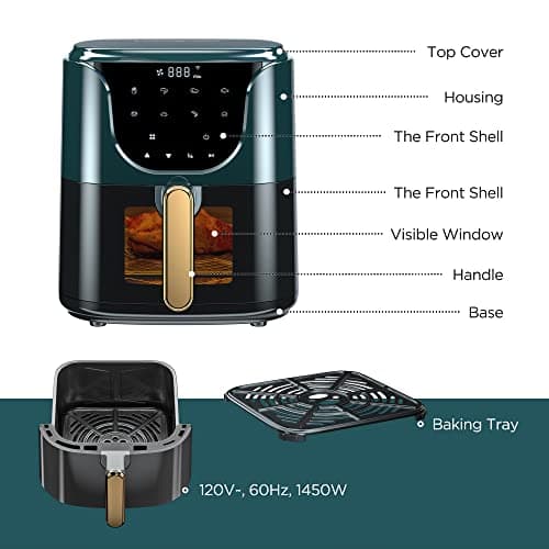 HAUSHOF 5.8 QT Air Fryer Small Oven, Digital Oil-Less Cooker 1450 W Airfryer, 8 Presets Cooking Functions, Time & Temperature Control, with Nonstick Tray, Green