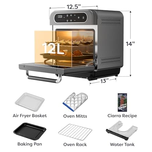 CIARRA Steam Oven Countertop with Air Fryer, 8 in 1 12L Mini Convection Oven with Steam, Rapid Steam, Air Fry, Vapor Bake, Steam Clean, Bake, Dried, Ferment, Grey
