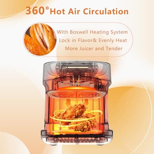 BOSWELL Glass Air Fryer, 4.5QT Transparent Fry Bowl, Circulating Heating, Non Toxic, Large Capacity Air Fryer Roast, Temperature Control Dishwasher Safe (Black)