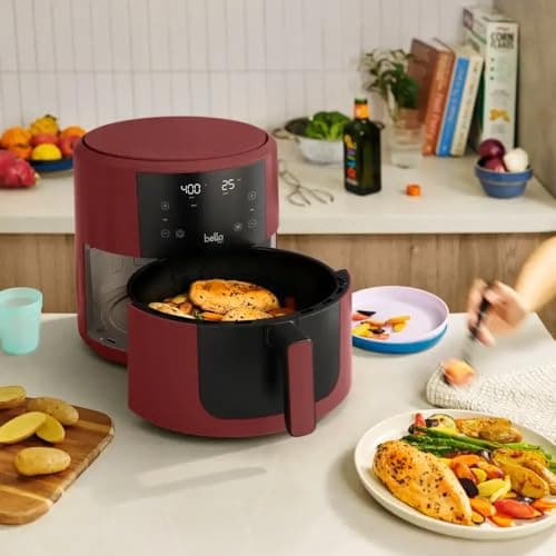 Bella-Pro SmartCrisp 8-Quart Air Fryer, Digital Touchscreen, Nonstick Ceramic Coating, 6 Cooking Presets, 1700W Power, Oil-Free Cooking, Family-Sized Capacity, Dishwasher-Safe, Brick