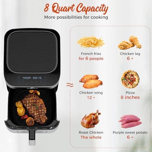 Kitchen Elite®Air Fryer with 360° turbo airflow technology, 8 Preset Functions, 8 Qt Family Size with Probe Thermometer ,Nonstick Square Air Fryer Basket with Window, Auto Shut Off Feature, Black