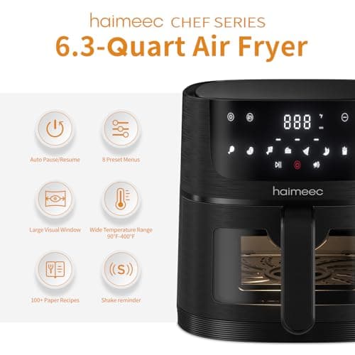 Air Fryer 8-in-1 with 6.3 Qt Capacity and Easy View Windows, Max 400F, 95% Less Oil, 100+ Recipes, Shake Reminder, Nonstick Basket for Roast, Bake, Dehydrate, Reheat, Broil-CT03