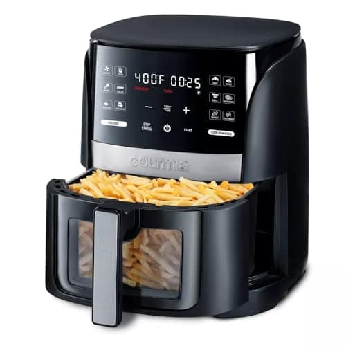 Gourmias 6-Qt Digital Window Air Fryer, 12 Presets, Guided Cooking, Touch Control, Stainless Steel, Nonstick Basket, Oil-Free Frying, 1500W, Auto Shutoff, Dehydrator Function, Family Size,