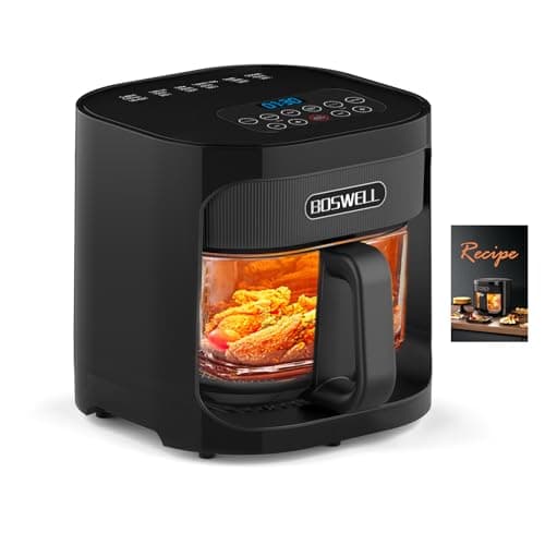 BOSWELL Glass Air Fryer, 4.5QT Transparent Fry Bowl, Circulating Heating, Non Toxic, Large Capacity Air Fryer Roast, Temperature Control Dishwasher Safe (Black)