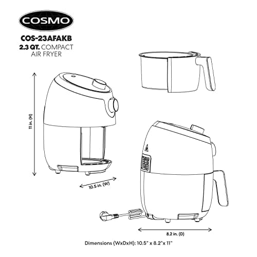 COSMO COS-23AFAKB 2.3 Quart Electric Small Air Fryer with Temperature Control, Timer, Auto Shut-Off, Non-Stick Frying Tray, 1000W Compact Mini Air Fryer (2.3 Quarts, Stainless Steel/Black)