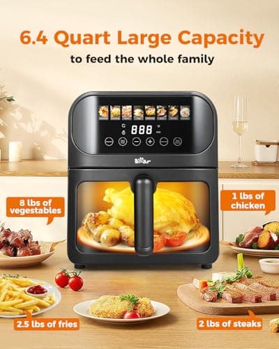 Bear Air Fryer, Stainless Steel Airfryer 8 Presets for Fast Family Meals, 6.4Qt Large Visible Window Temp Timer Adjustable Roast Bake Crisp French Fries Steak, Non Stick Basket Dishwasher Safe