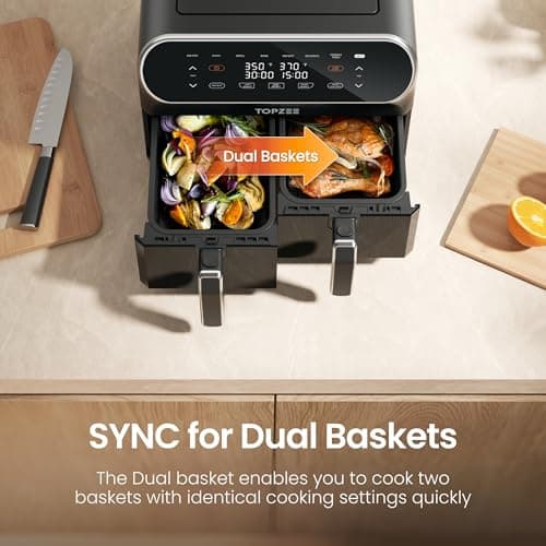 8-QT Large Air Fryer - Dual Basket Airfryer with Easy View Windows, Preheat, Air Fry, Roast, Broil, Bake, Dehydrate, 2 Independent 4 QT Nonstick Dishwasher Safe Baskets, Black