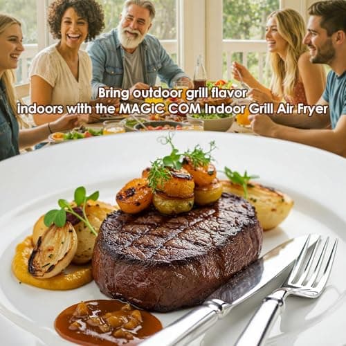 MAGiC COM Indoor Grill and Air Fryer, 7-in-1 Electric Grill with Steak, Roast, Air Crisp, Bake, Dehydrate, Pizza and Reheat. Smart Thermometer, Non-Stick, Dishwasher Safe/Black