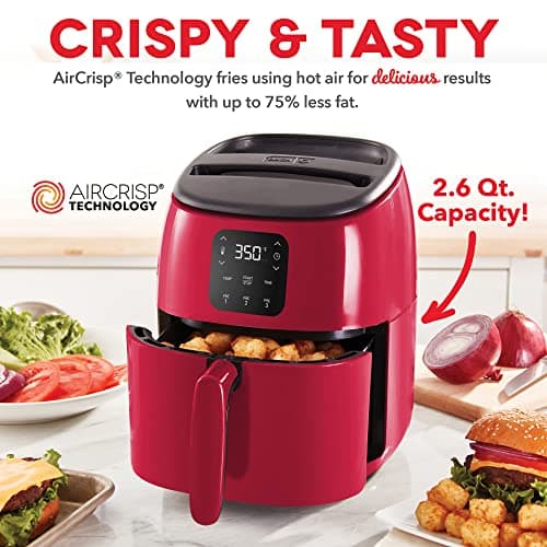 DASH Tasti-Crisp™ Electric Air Fryer Oven, 2.6 Qt., Red – Compact Air Fryer for Healthier Food in Minutes, Ideal for Small Spaces - Auto Shut Off, Digital, 1000-Watt
