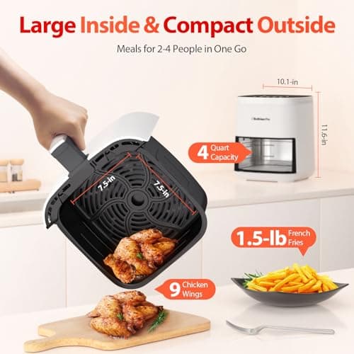Air Fryer, Beelicious 8-in-1 Smart Compact 4QT Air Fryers,Shake Reminder,450°F Digital Airfryer with Flavor-Lock Tech,Tempered Glass Display,Dishwasher-Safe & Nonstick,Fit for 1-3 People,Bright White