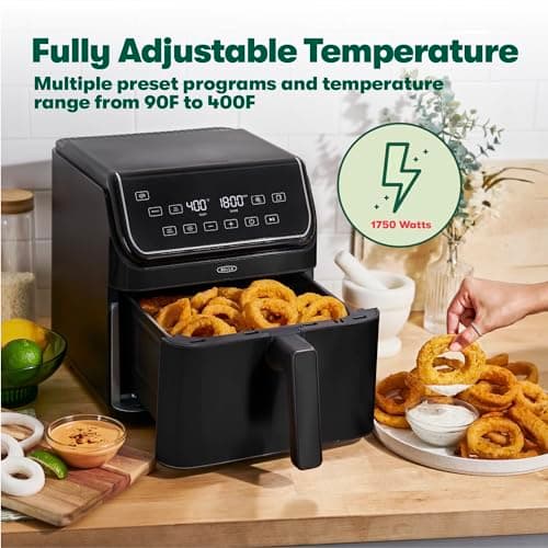 bella 8 Qt Digital Air Fryer with TurboCrisp Technology, Large Family Size Nonstick Cooking Basket and Crisping Tray, Multiple Preset Functions, Auto Shutoff, Black, 1750 Watt