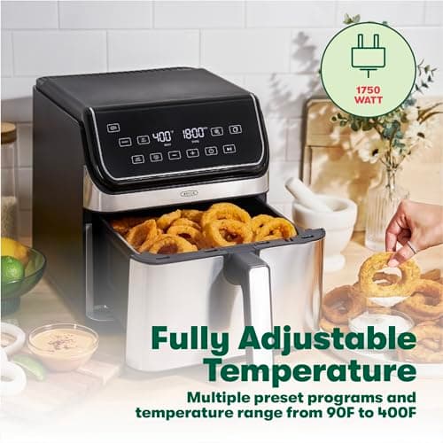 bella 8 Qt Digital Air Fryer with TurboCrisp Technology, Large Family Size Nonstick Cooking Basket and Crisping Tray, Multiple Preset Functions, Auto Shutoff, Stainless Steel, 1750 Watt
