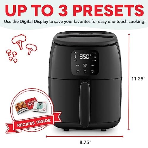 DASH Tasti-Crisp™ Electric Air Fryer Oven, 2.6 Qt., Black – Compact Air Fryer for Healthier Food in Minutes, Ideal for Small Spaces - Auto Shut Off, Digital, 1000-Watt