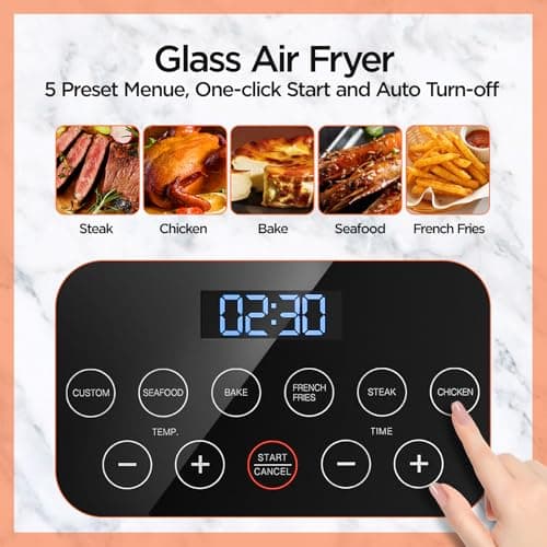 4.5QT Glass Air Fryer,1200W Multiple Air Fryer with Viewing Glass Pot,Nonstick & Dishwasher Safe Basket,Non-Toxic,Features Digital Timer, Automatic Shutoff,Used for French Fries,Fish,Cake (Black)