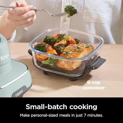 Ninja Crispi Air Fryer, Microwave, Freezer & Dishwasher Safe, Non Toxic Glass Portable Cooking System, 4 QT & 6 Cup Glass Containers with Storage Lids, Easy Meals, Air Fry, Bake, Green, FN101SG