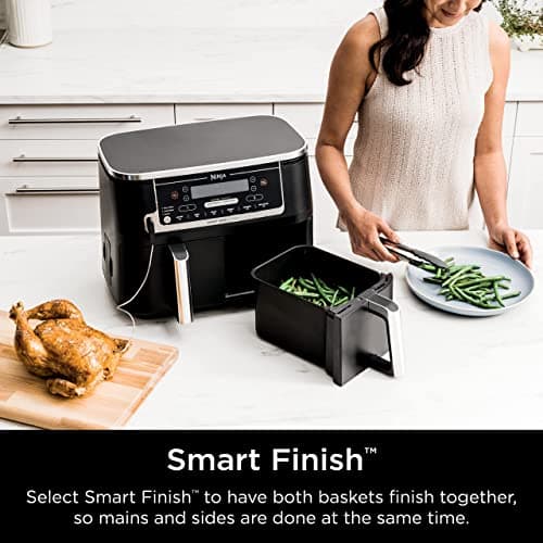 Ninja DZ550 Foodi 10 Quart 6-in-1 DualZone Smart XL Air Fryer with 2 Independent Baskets, Smart Cook Thermometer for Perfect Doneness, Match Cook & Smart Finish to Roast, Dehydrate & More, Grey (Renewed)