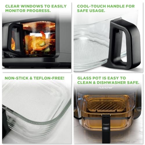 Nutrichef 5.8 Quart Air Fryer 8-1 Preset Cook Modes Transparent Fry Bowl for Best Cooking Results Cook Shrimp, Steak, Fries, Wings, Chicken & More Precise Temperature Control & Time Black