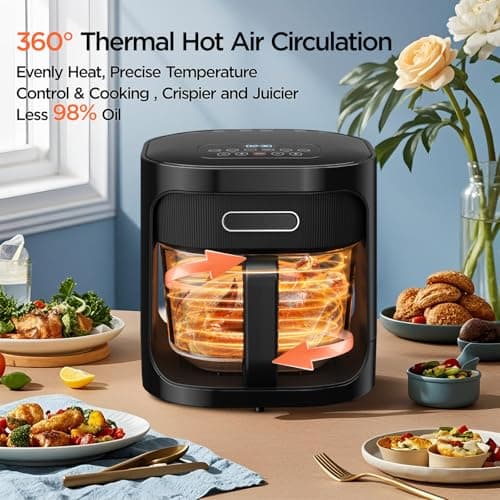 4.5QT Glass Air Fryer,1200W Multiple Air Fryer with Viewing Glass Pot,Nonstick & Dishwasher Safe Basket,Non-Toxic,Features Digital Timer, Automatic Shutoff,Used for French Fries,Fish,Cake (Black)