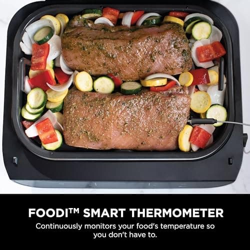 Ninja Indoor Grill, Foodi Smart XL 6-in-1 Indoor Grill with Air Fry, Roast, Bake, Broil & Dehydrate, Smart Thermometer, Black/Silver, FG551