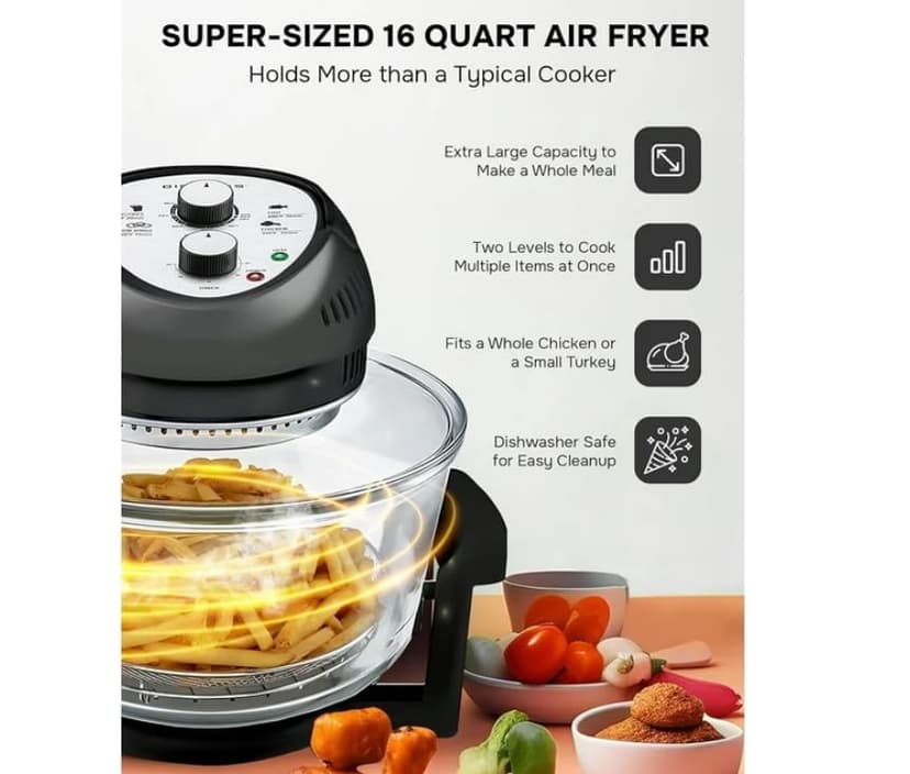 Air Fryer Toaster Oven Combo 16Qt Kitchen Countertop Convection Rotisserie 1300W Large Glass Bowl Black