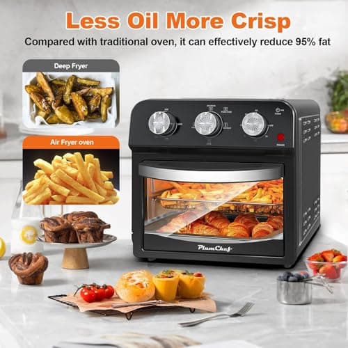 PlumChef 13 Quart 4 Slices Air Fryer Convection Toaster Oven, 1500W, 7 in 1 Multifunction with Roast, Bake, Grill, Broil, Toast, Dehydrate, Defrost (Dark Black)