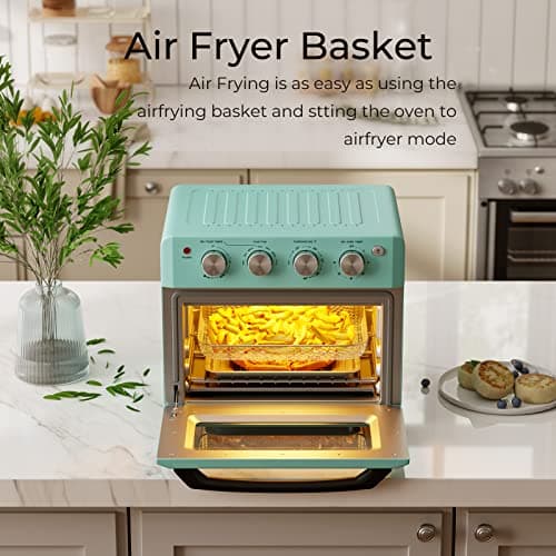 SIMOE 19QT Oven & Toaster, Retro Air Fryer + Convection Toaster Oven, 7 in 1 Combo with Bake, Toast, Broil & Warm Options, 5 Accessories & Recipe Book, Stainless Steel, 1550W, (Turquoise)