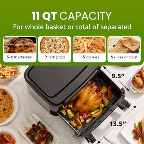Elite Gourmet EAF1055D Dual Zone Air Fryer Oven, 11QT. Capacity with Divider, Sync Finish, Dishwasher Safe Basket, 10 Preset Functions, 1600-Watts, with Recipe Booklet, Black