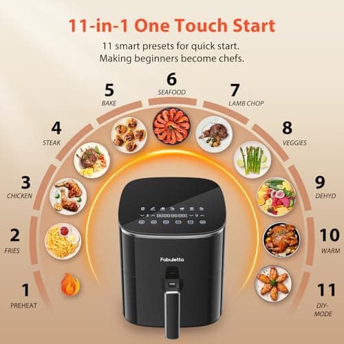 FABULETTA Air Fryer 11-in-1, 6QT Airfryer 450F Max Crisp, Nonstick Basket, Diswasher Safe, Shake Reminder for Roast, Bake, Dry, Reheat, Frozen, Broil, Proof-Black