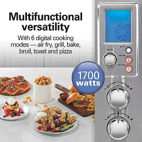 Hamilton Beach 6-in-1 Sure Crisp Air Fryer Toaster Oven Combo & Electric Indoor Grill, 450 F Searing Temp, Bake, Broil, Toast and Pizza Function, .88 cu. ft., 6 Slice Capacity, Stainless Steel (31395)