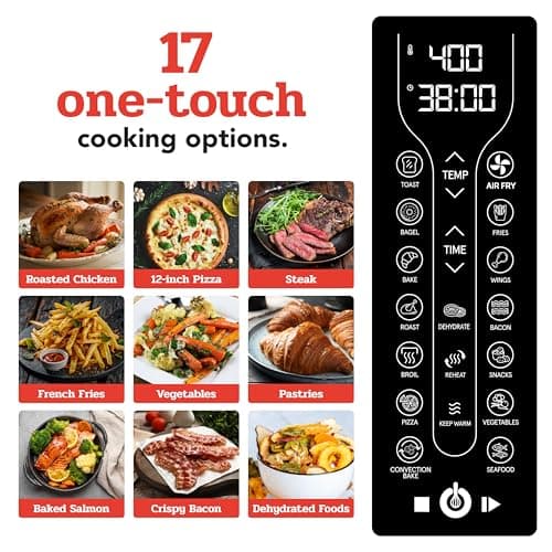 Gourmia Toaster Oven Air Fryer Combo 17 cooking presets 1700W french door digital air fryer oven 24L capacity accessories, convection rack, baking pan tray recipe book GTF7460,Large,Black