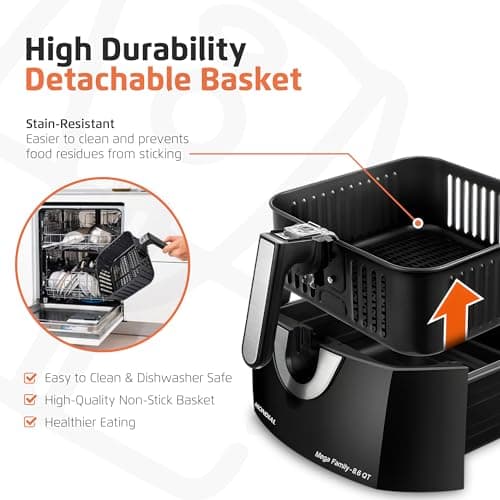 Air Fryer - 8.6 Quart Extra-Large Air Fryer, 2 Simple Dial Controls, 1800 Watts - Quick Heat Circulation Technology, Low Fat Cooking Less Calories - Removable Squared Basket - Black