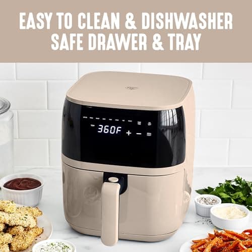 GreenLife Compact Electric Air Fryer Oven, 5.3 QT, PFAS-Free Ceramic Nonstick Drawer, 8 One Touch Digital Display, Easy View Window, Auto Shut-Off Timer, Dishwasher Safe Parts, 1500 Watts, Taupe