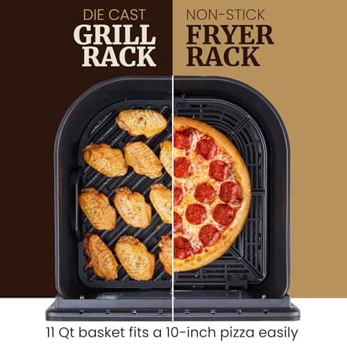 Elite Gourmet EAF2411G Digital Indoor Grill/Air Fryer Oven, 11L Capacity, Grill Rack, 8 Presets, Bake, Roast, Broil, Dehydrate, 1700-Watts, 25 Delicious Recipes, Stainless-Steel/Black