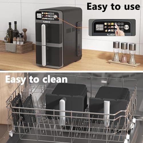 10-QT Dual Large Air Fryer, XL 2-Basket Air Fryer, 10-in-1 Technology Double Cooks 4 Foods at Once, Smart Finish & Match Cook, Air Fry, Broil,Bake, Easy Meals, Easy Clean and Dishwasher Safe, Black.