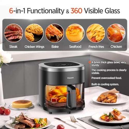 Vexon 6-IN-1 Glass Air Fryer,4.5QT Air Fryer with Viewing Glass Pot, Air Fry, Roast, Reheat, Dehydrate, Air Crisp Technology,Nonstick & Dishwasher Safe Basket,97% Less Oil,Features Digital Timer
