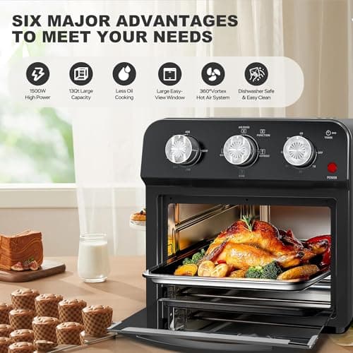 PlumChef 13 Quart 4 Slices Air Fryer Convection Toaster Oven, 1500W, 7 in 1 Multifunction with Roast, Bake, Grill, Broil, Toast, Dehydrate, Defrost (Dark Black)