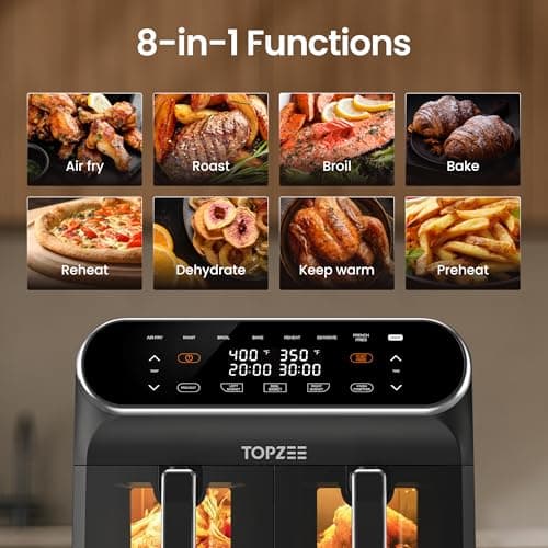 8-QT Large Air Fryer - Dual Basket Airfryer with Easy View Windows, Preheat, Air Fry, Roast, Broil, Bake, Dehydrate, 2 Independent 4 QT Nonstick Dishwasher Safe Baskets, Black